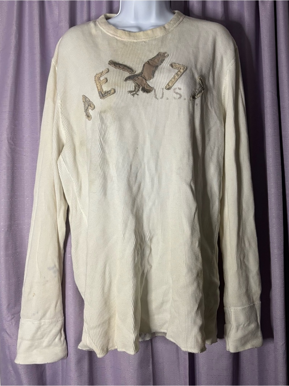 Aeropostale Men’s Cream Long Sleeve Waffle Thermal with Eagle Logo